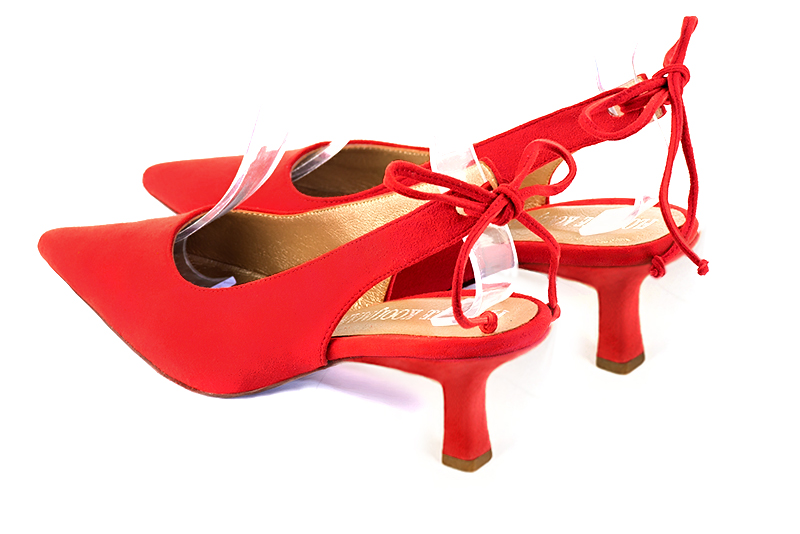 Scarlet red women's slingback shoes. Pointed toe. Medium spool heels. Rear view - Florence KOOIJMAN